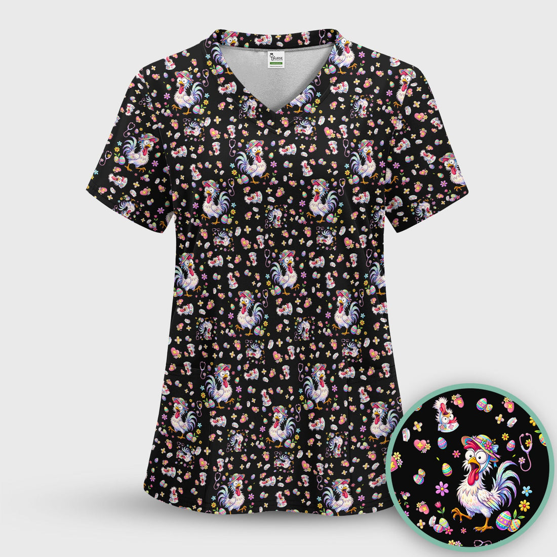 Funny Easter Nurse Chicken Pattern Scrub Top, Comfortable Scrubs for Nurses
