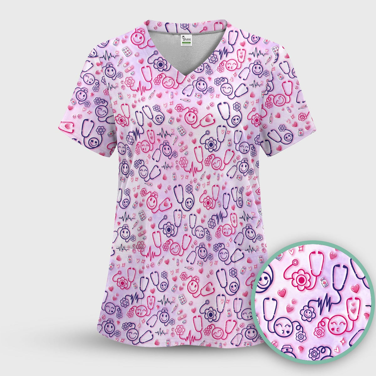 Stethoscope Heart Icon Nurse Scrub Top