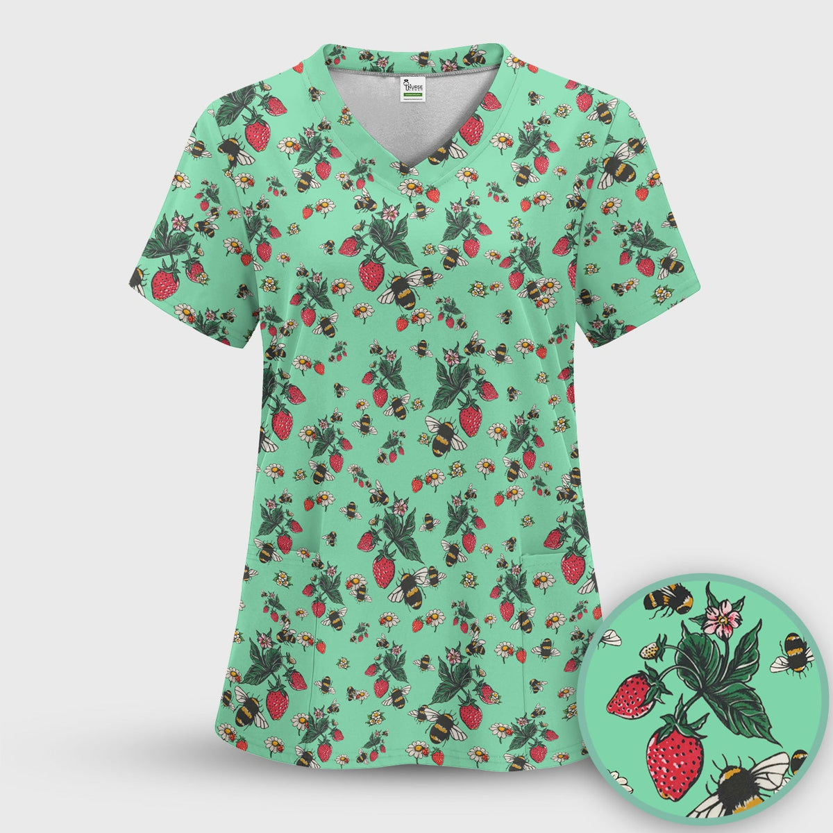Strawberry Bee Daisy Nurse Scrub Top