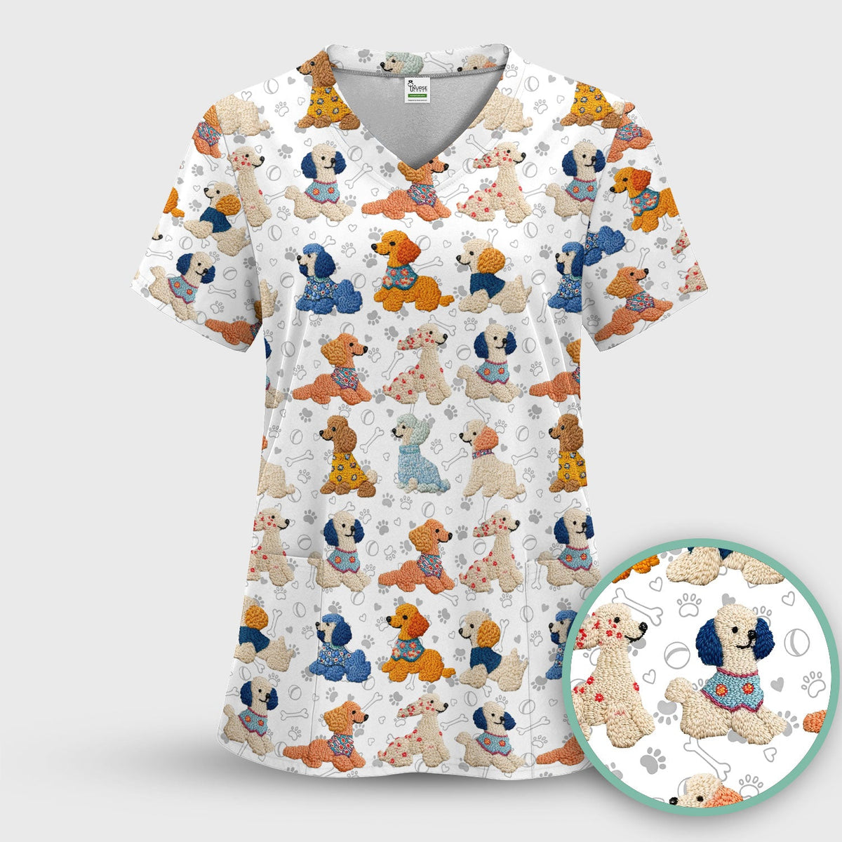 Cute Colorful Poodle Pattern Scrub Top, Comfortable Scrubs for Nurses