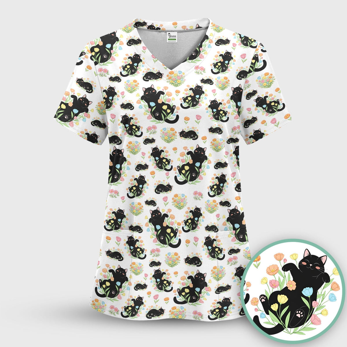 Cats Cute Poses Floral Nurse Scrub Set