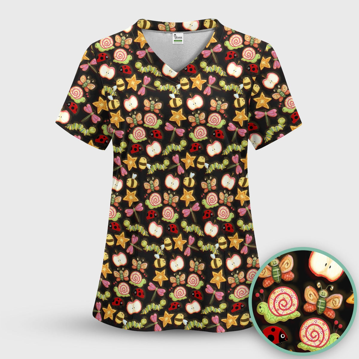 Snail Ladybug Caterpillar Apple Garden Nurse Scrub Top