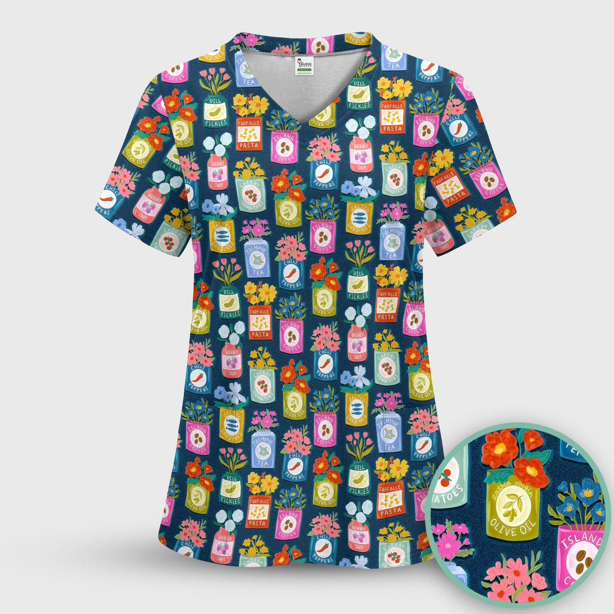 Colorful Pantry Jars Flowers Nurse Scrub Set