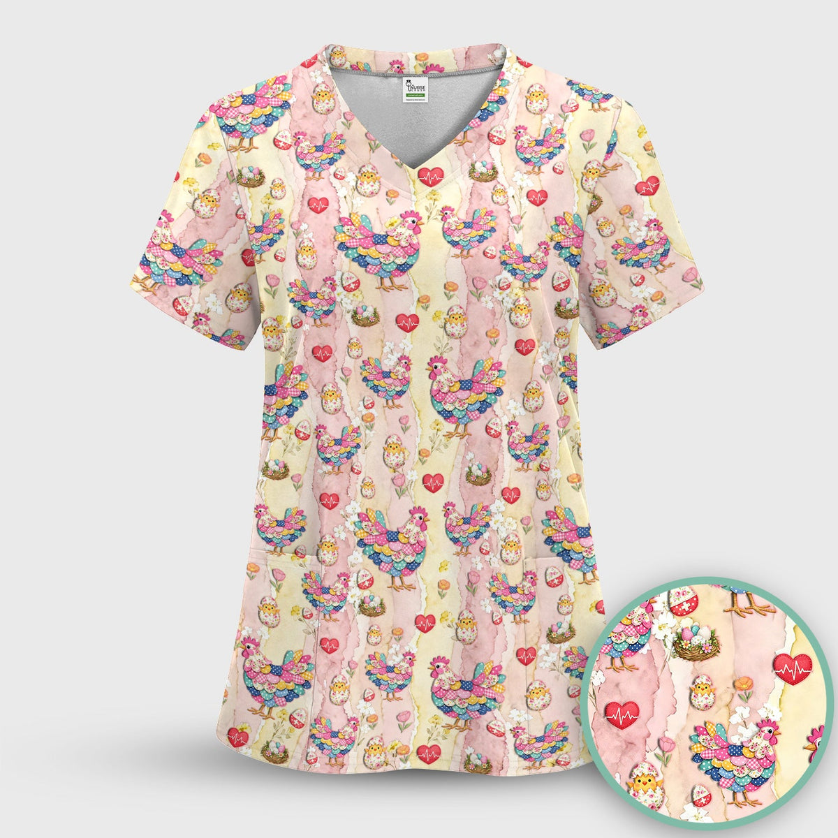 Colorful Chicken Easter Eggs Heart Nurse Scrub Top