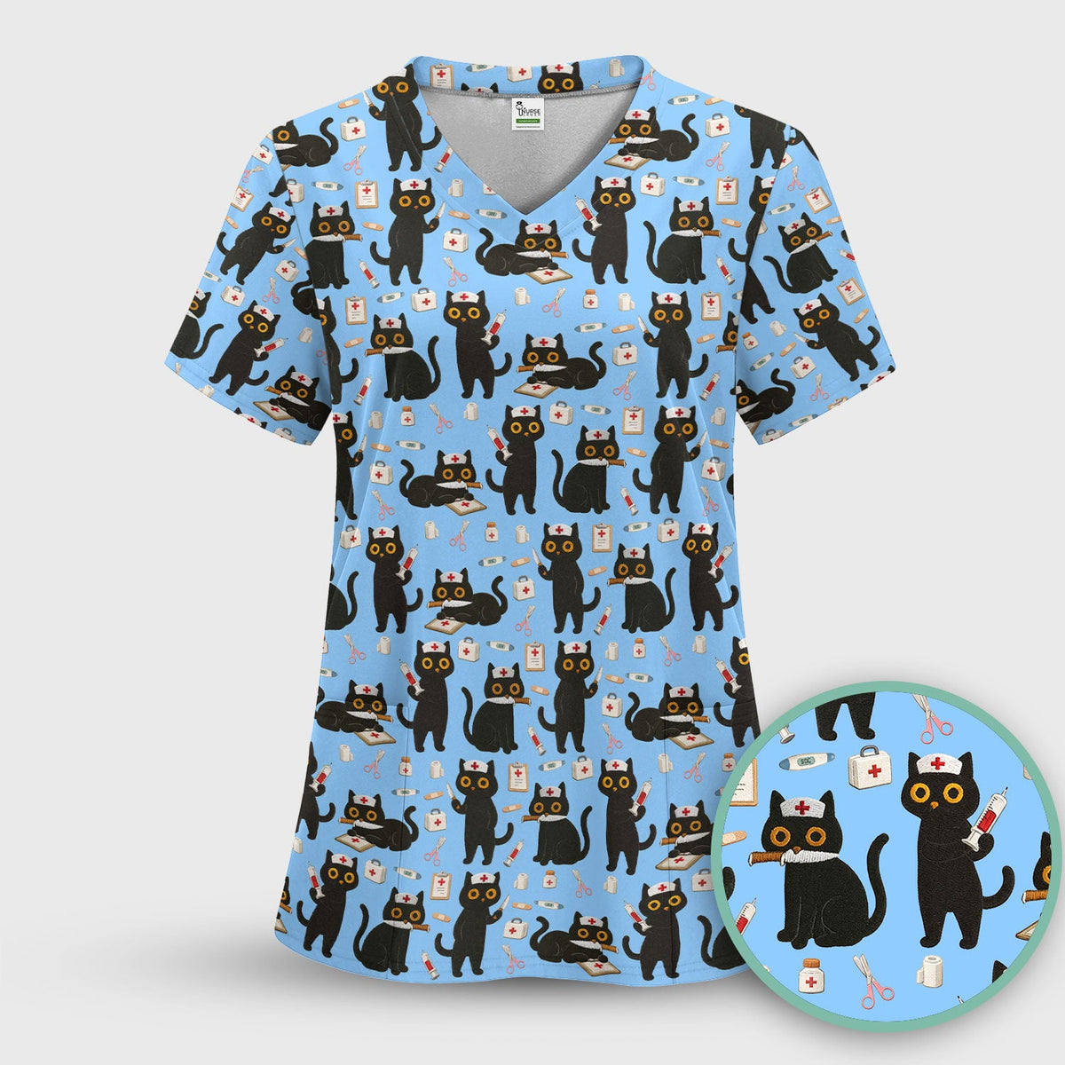 Cute Black Cat Nurse Scrub Top