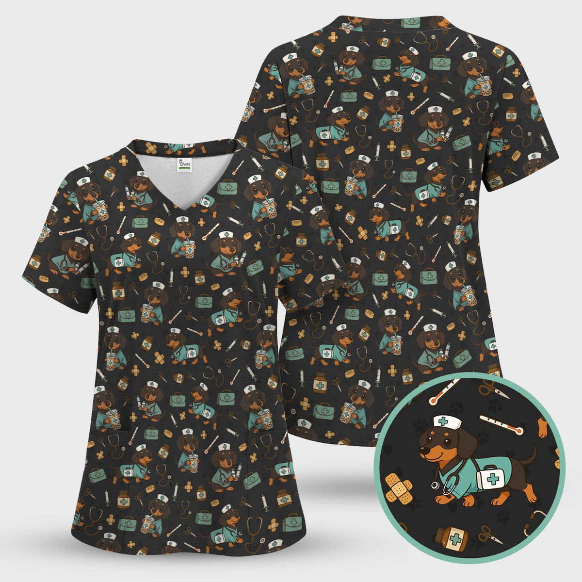 Funny Dachshund Nurse Scrubs Set - Cute Dog Print Medical Shirt - Holiday Nurse Scrub Top Gift for RN CNA Doctor, Women & Men