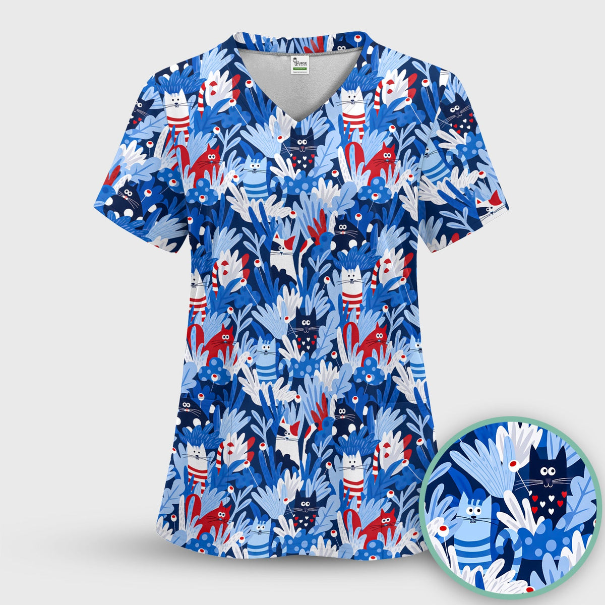 Cats Among Blue Foliage Nurse Scrub Set