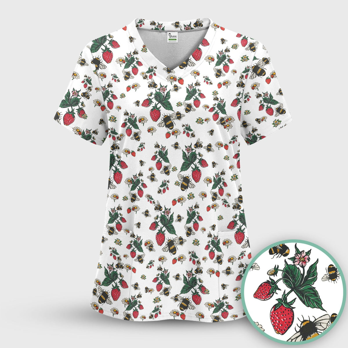 Strawberry Bee Daisy Nurse Scrub Top