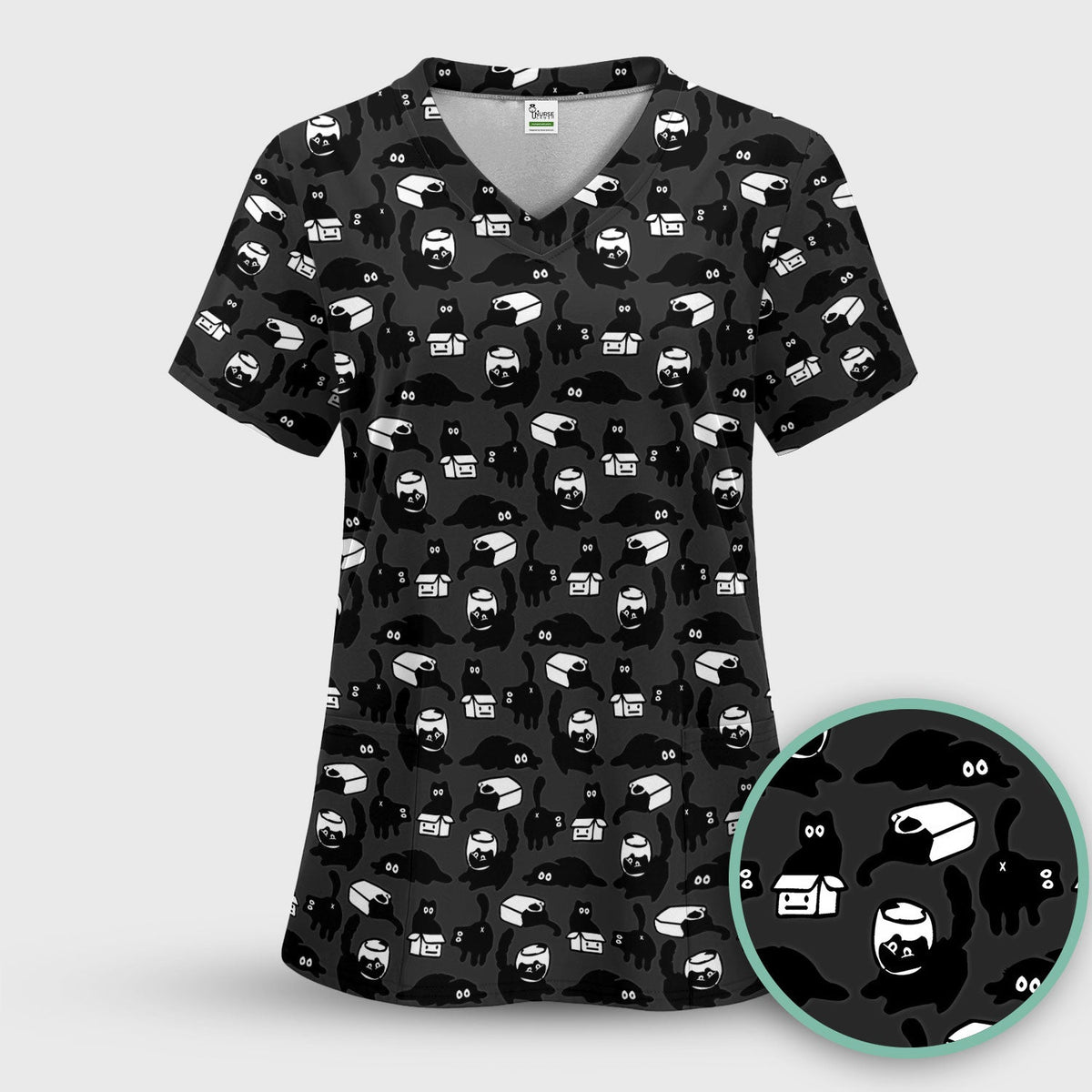 Dark Playful Cat Nurse Scrub Top