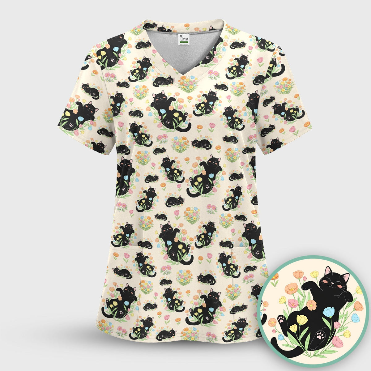 Cats Cute Poses Floral Nurse Scrub Set