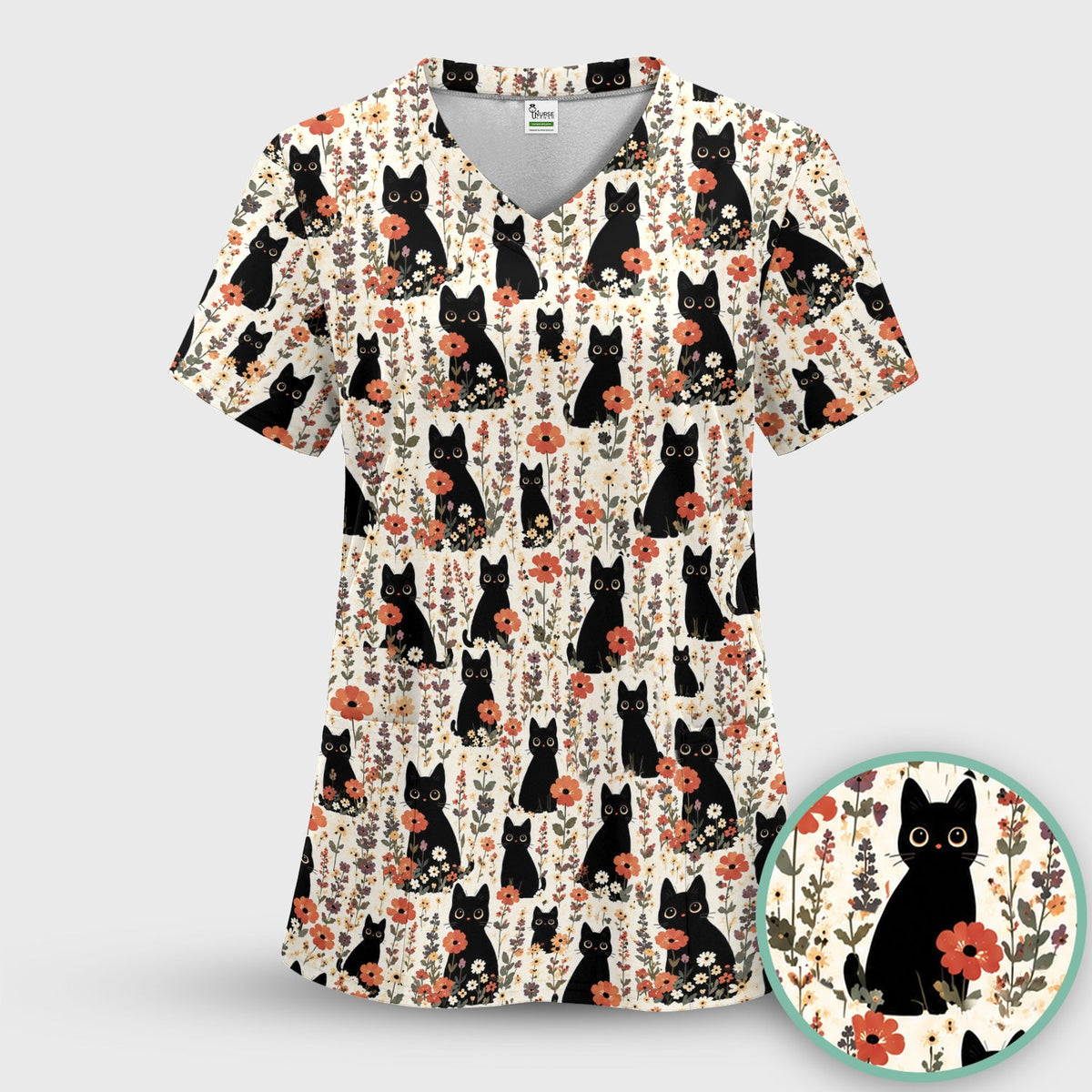 Cute Black Cat Wildflower Nurse Scrub Top