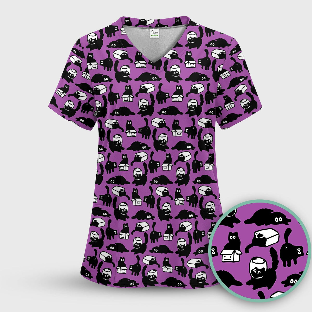 Dark Playful Cat Nurse Scrub Top