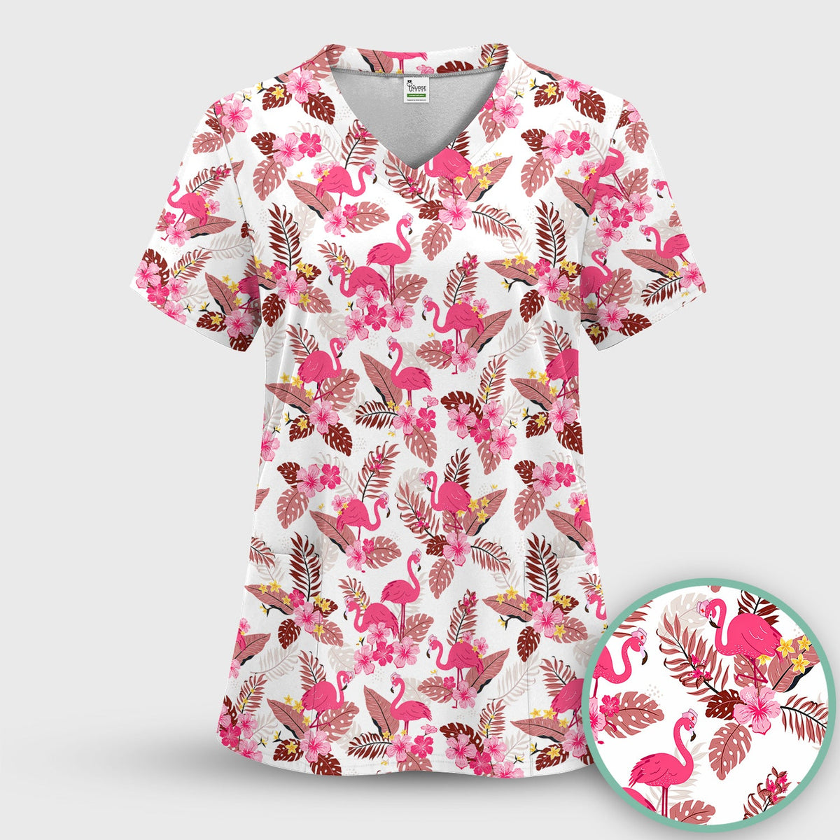 Pink Flamingo Tropical Floral Nurse Scrub Top