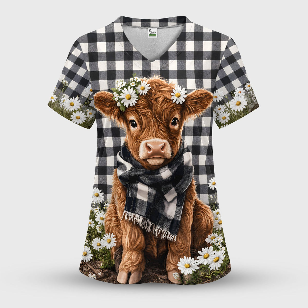 Highland Cow Daisy Pattern Scrub Set, Scrub Pants and V Neck Top