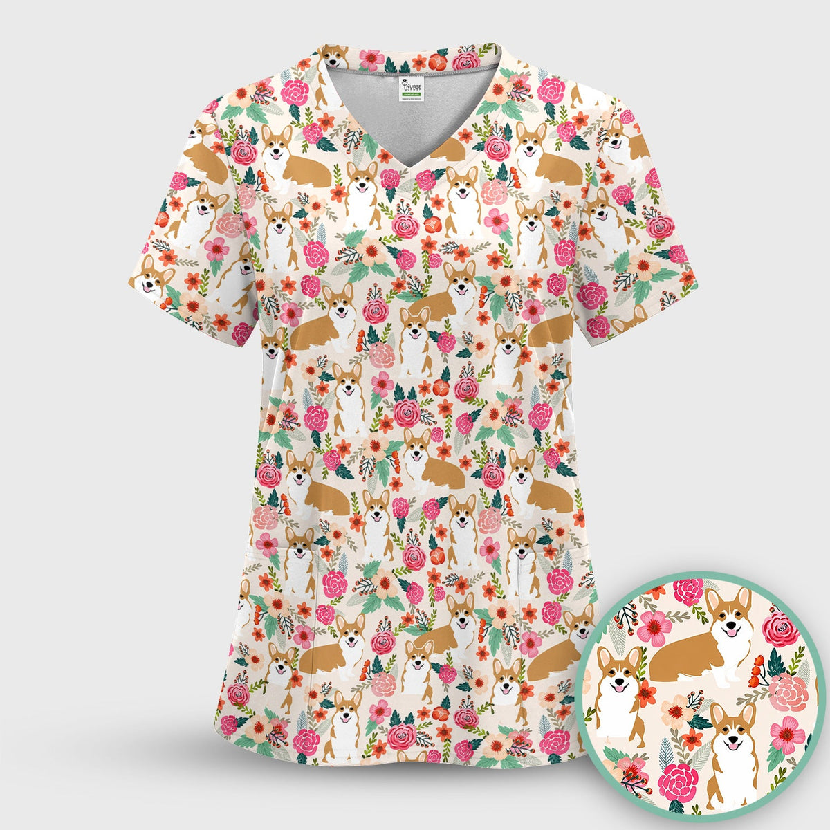 Corgi Floral Garden Nurse Scrub Top