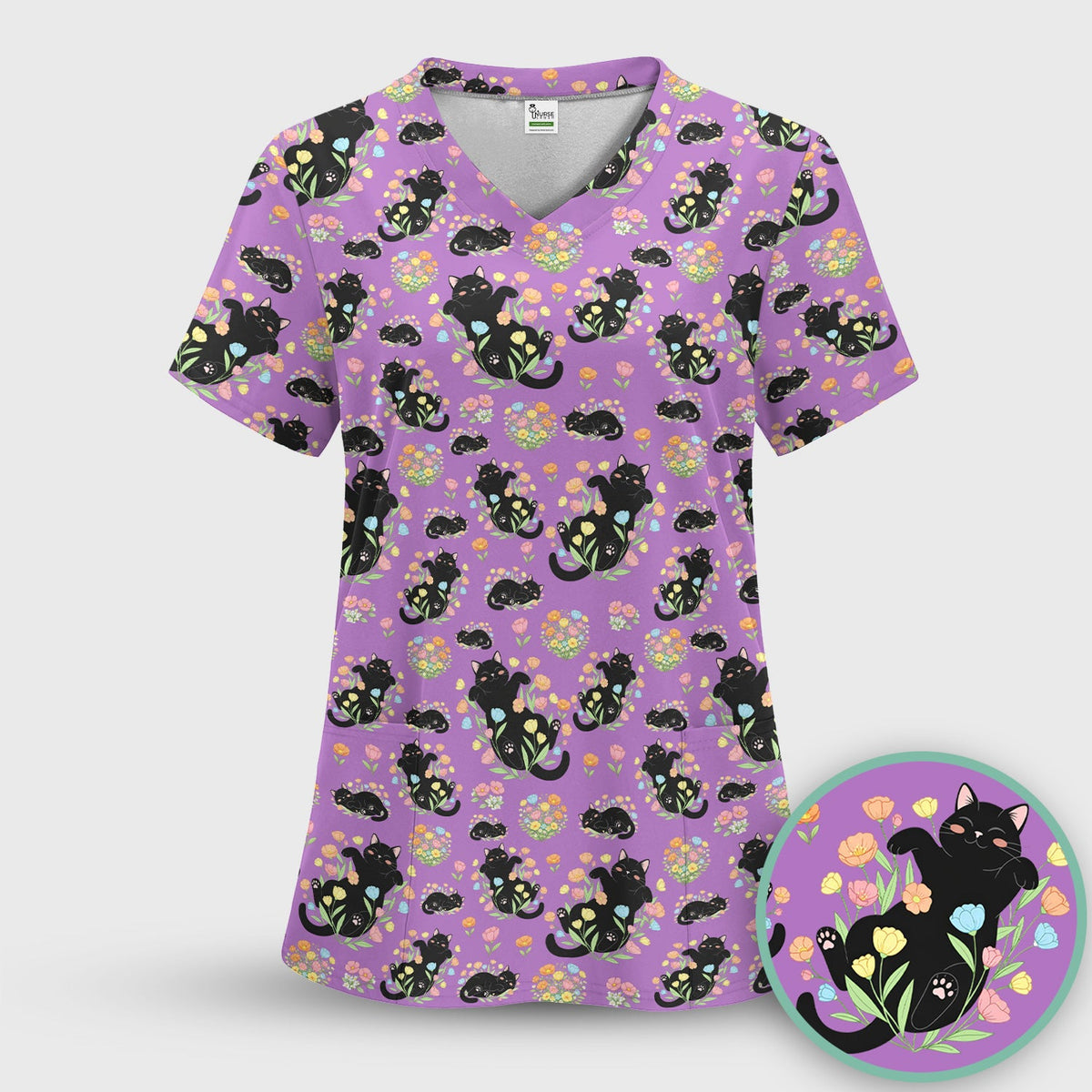 Cats Cute Poses Floral Nurse Scrub Top