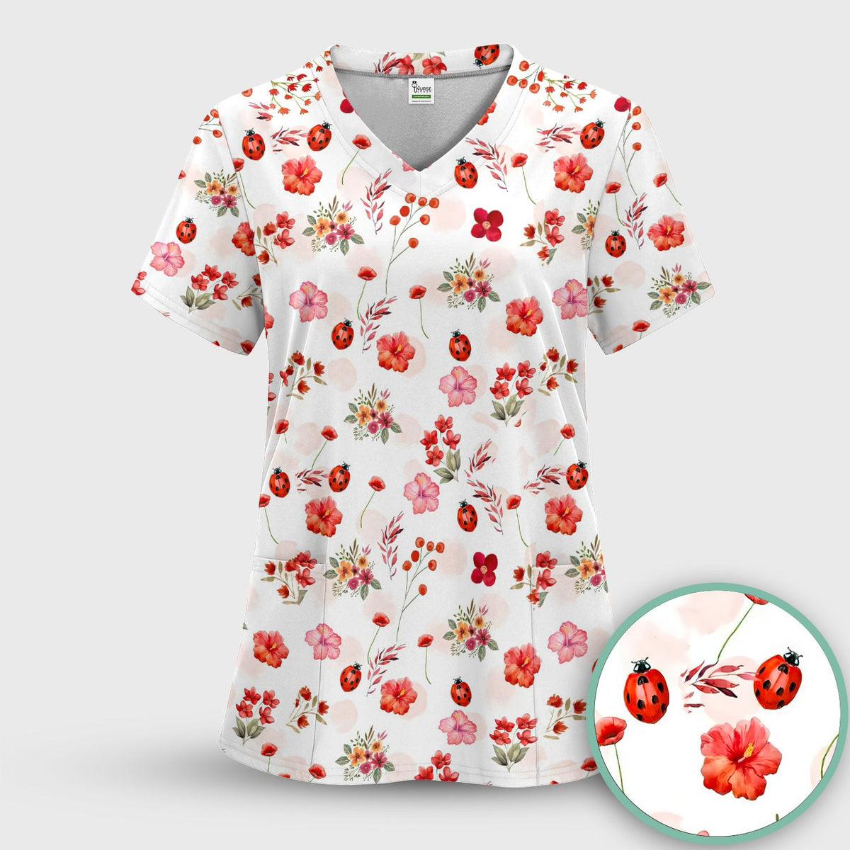 Red Ladybug Floral Garden Nurse Scrub Set