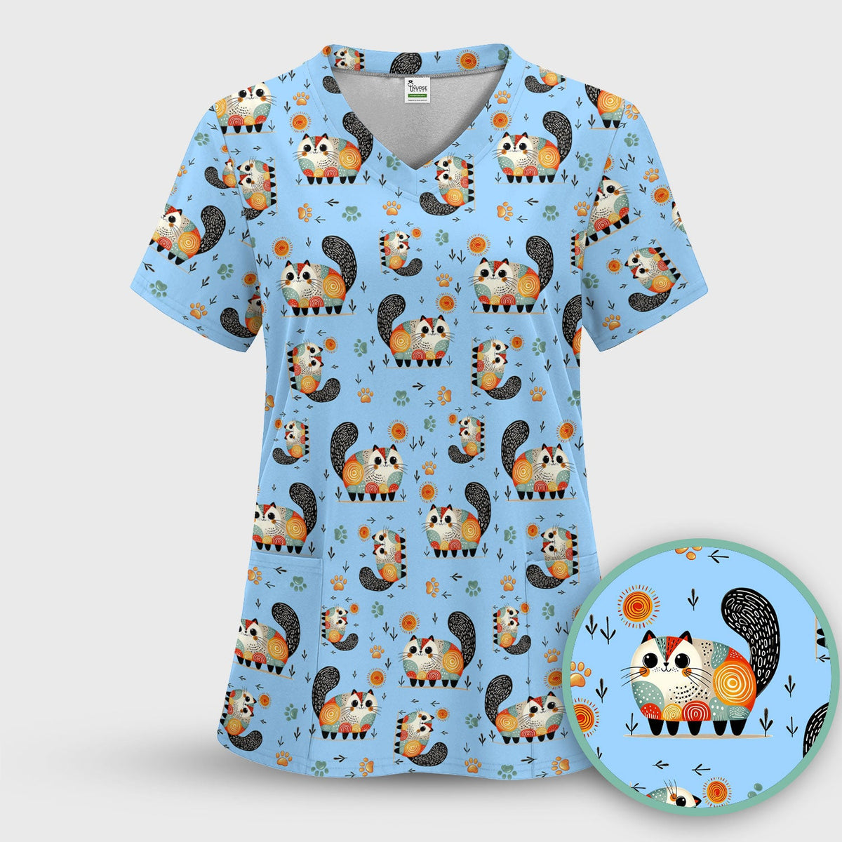 Cat Illustration Nurse Scrub Top