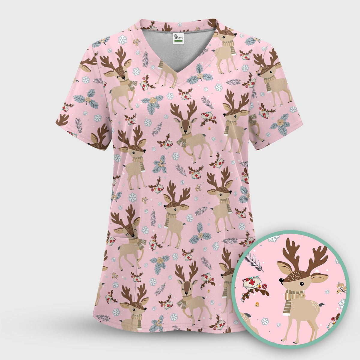 Reindeer Christmas Scrub Top - Cozy Beige Holiday Nurse Shirt with Cute Deer Pattern - Festive Medical Scrubs for Women RN CNA LPN