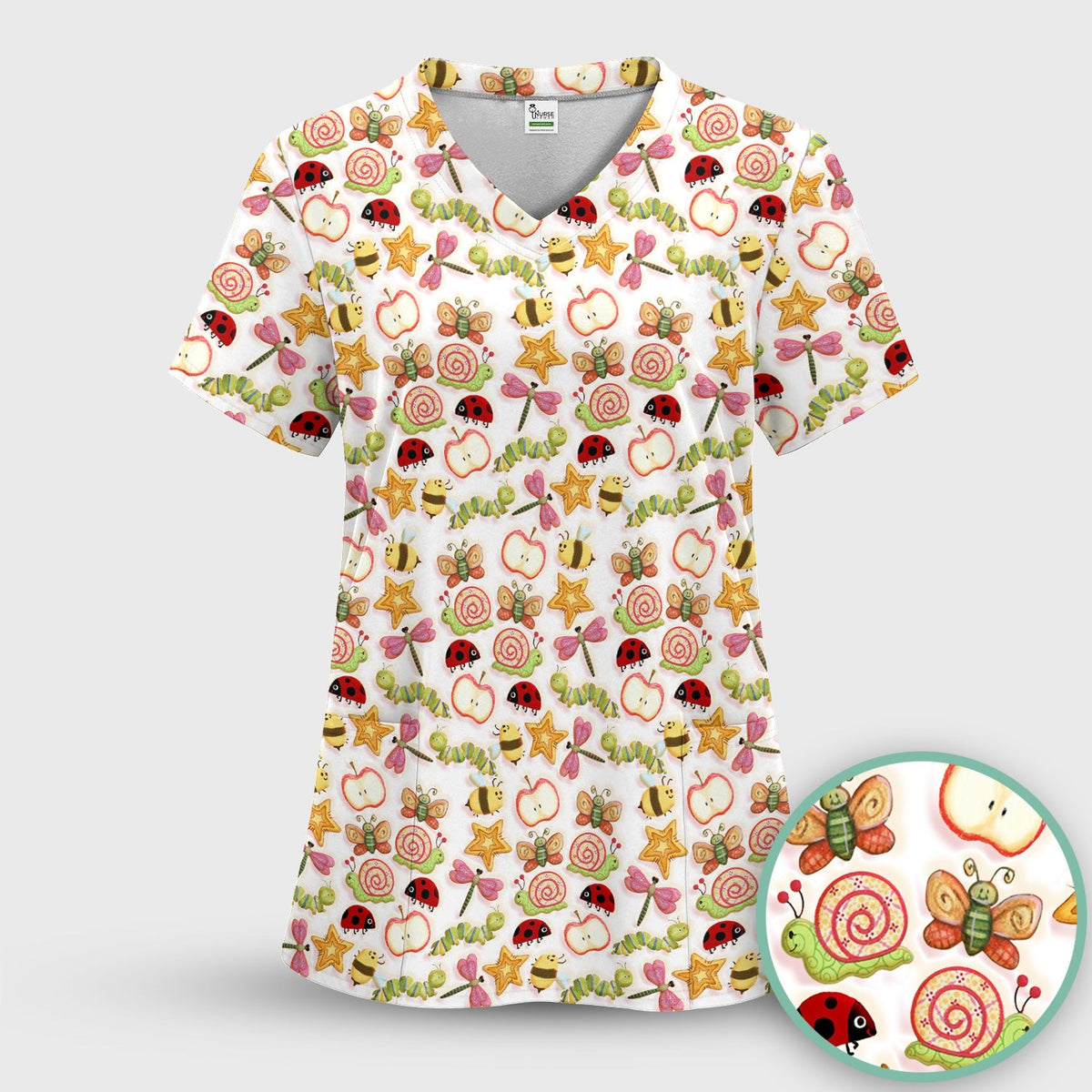 Snail Ladybug Caterpillar Apple Garden Nurse Scrub Top