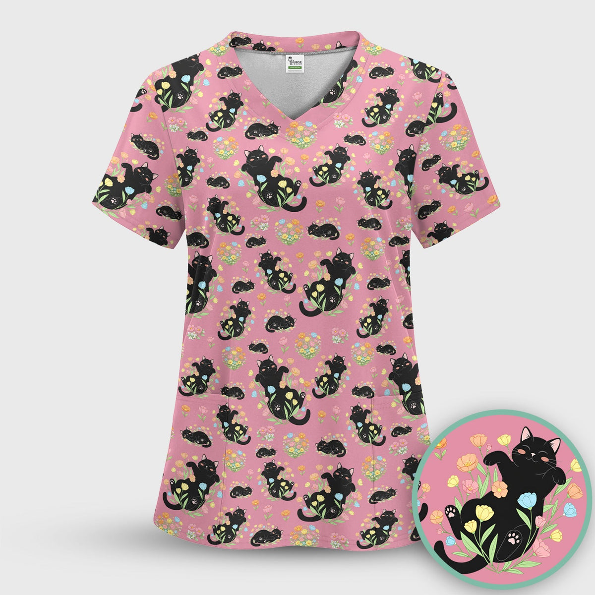 Cats Cute Poses Floral Nurse Scrub Top