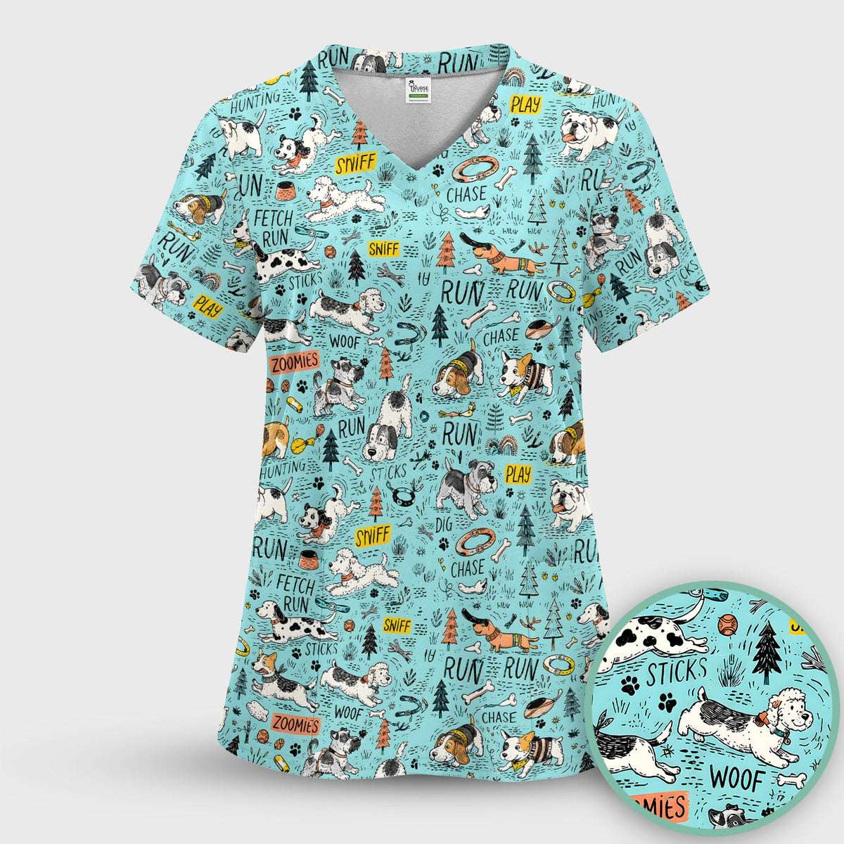 Cartoon Puppy Adventure Nurse Scrub Top