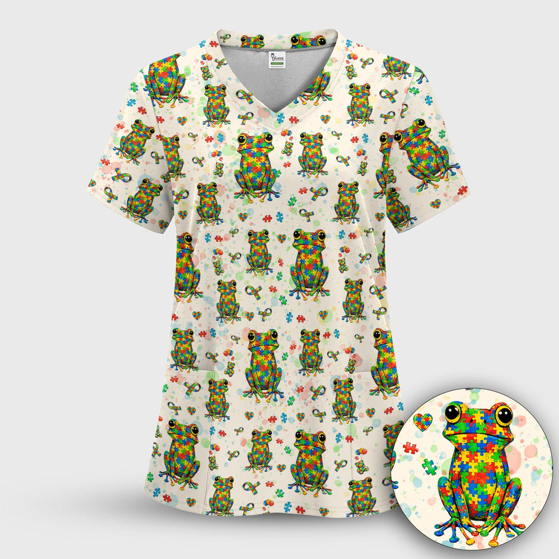 Colorful Autism Puzzle Frog Nurse Scrub Top