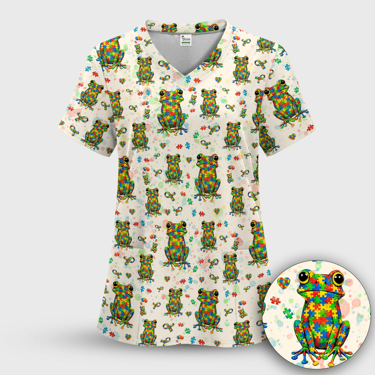 Colorful Autism Puzzle Frog Nurse Scrub Top