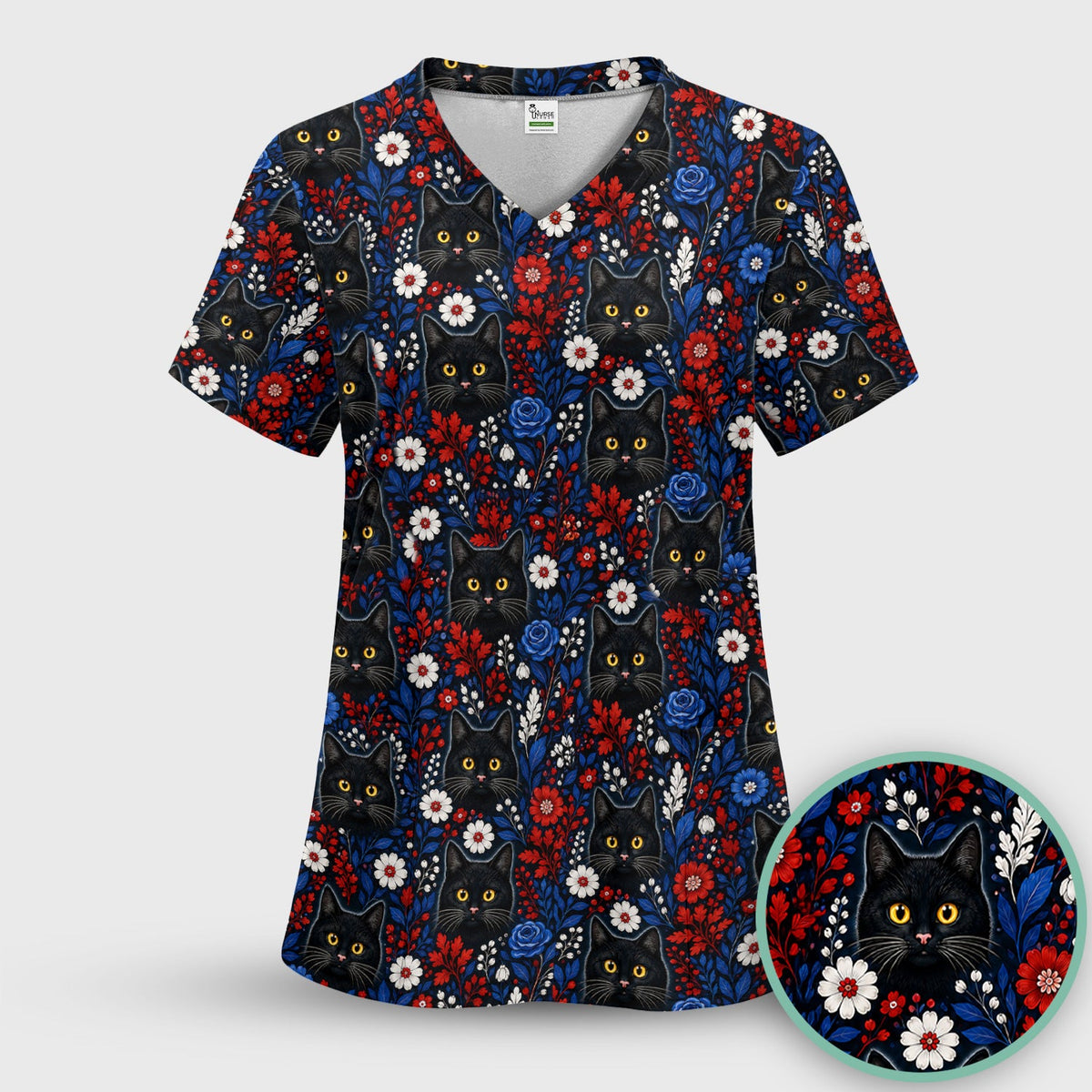 Black Cat Nurse Floral Scrub Set