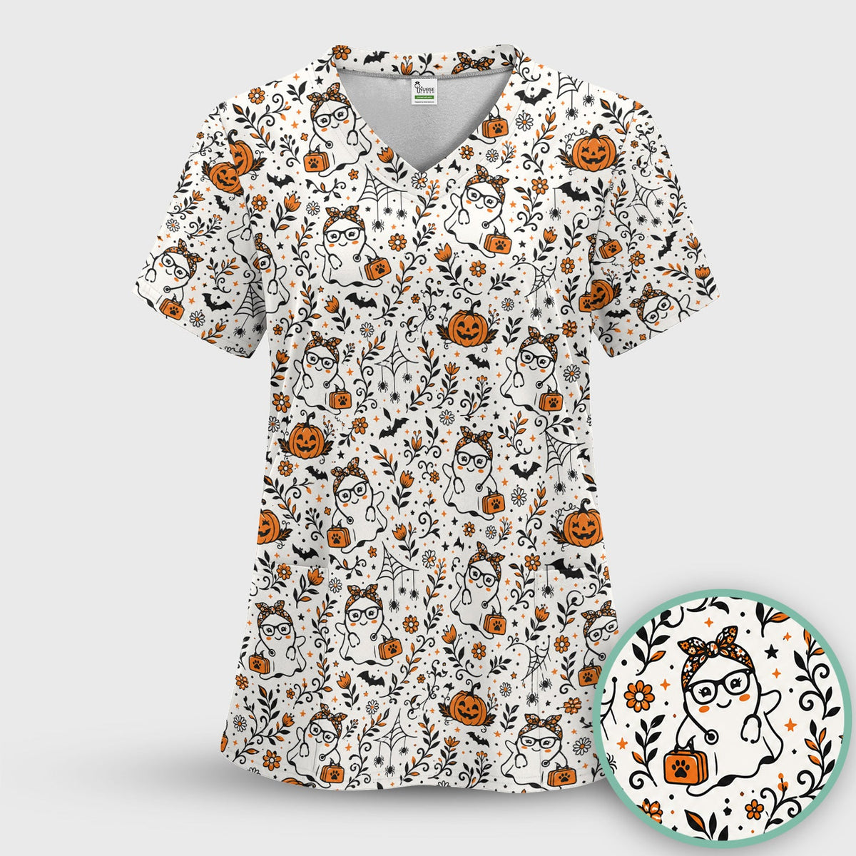 Halloween Ghost Pumpkins Nurse Scrub Top