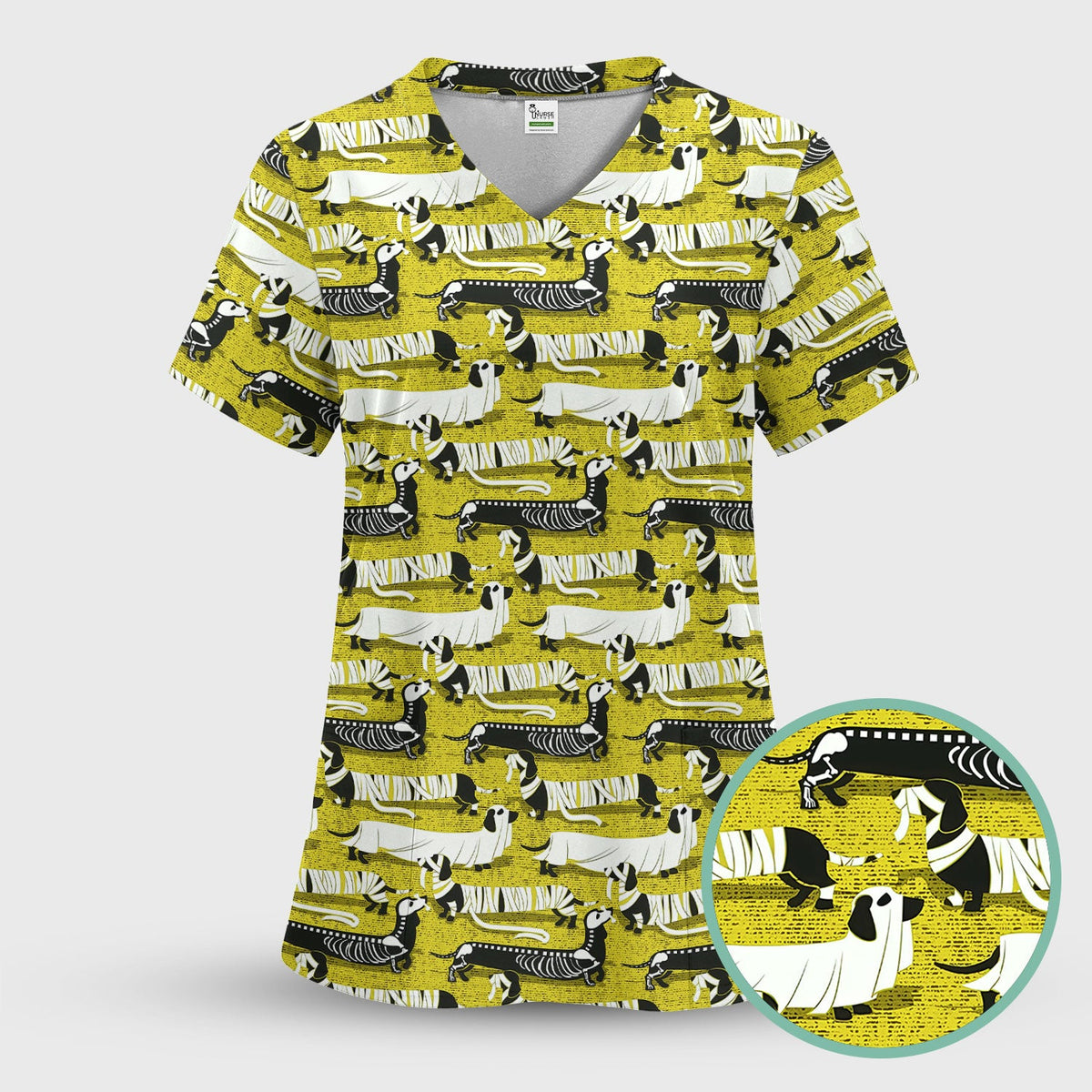 Dachshund Skeleton Nurse Scrub Top - Halloween Gift
