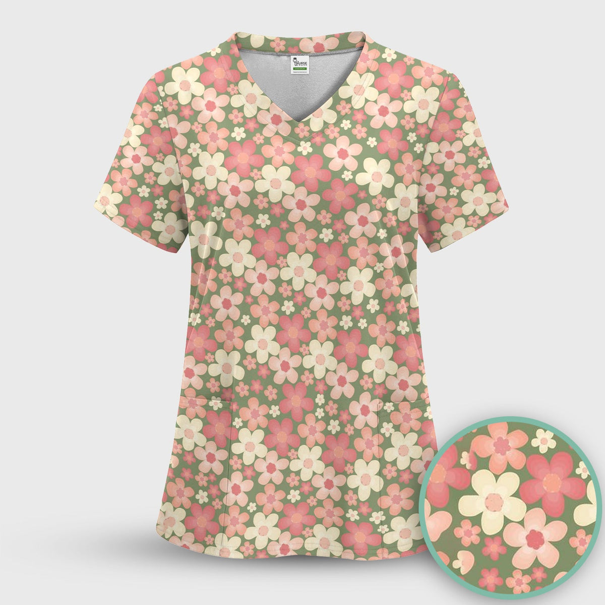 Retro Floral Print Nurse Scrub Top