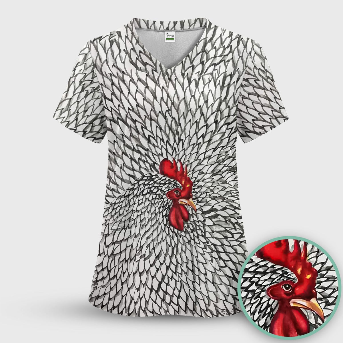 Watercolor Rooster Feather Nurse Scrub Top