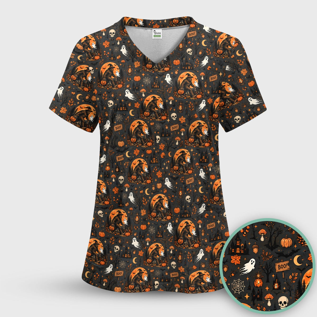 Bigfoot Ghost with Pumpkin Nurse Scrub Set - Halloween Gift