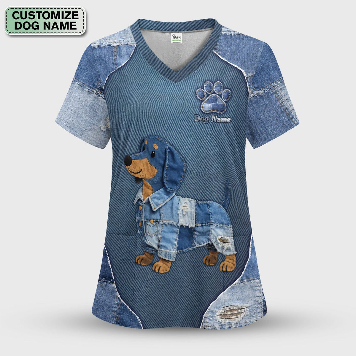 Personalized Denim Dachshund Nurse Scrub Top