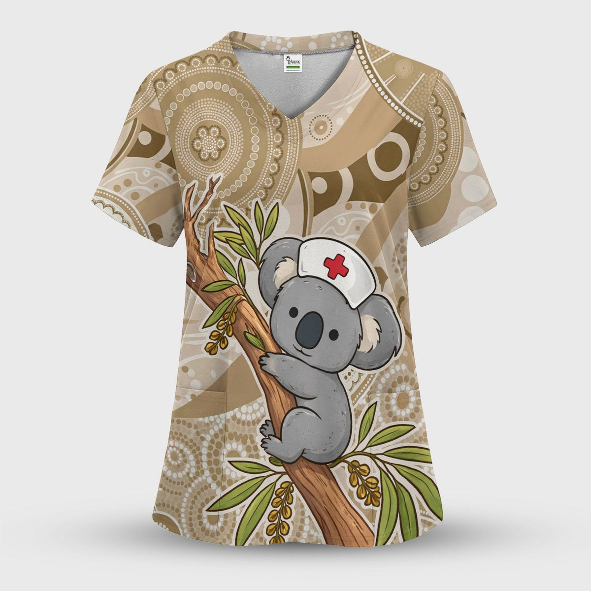Australian Indigenous Inspired Dot Art Scrub Top, Cute Koala Pattern Nurse Shirt, Comfortable Scrubs For Nursing