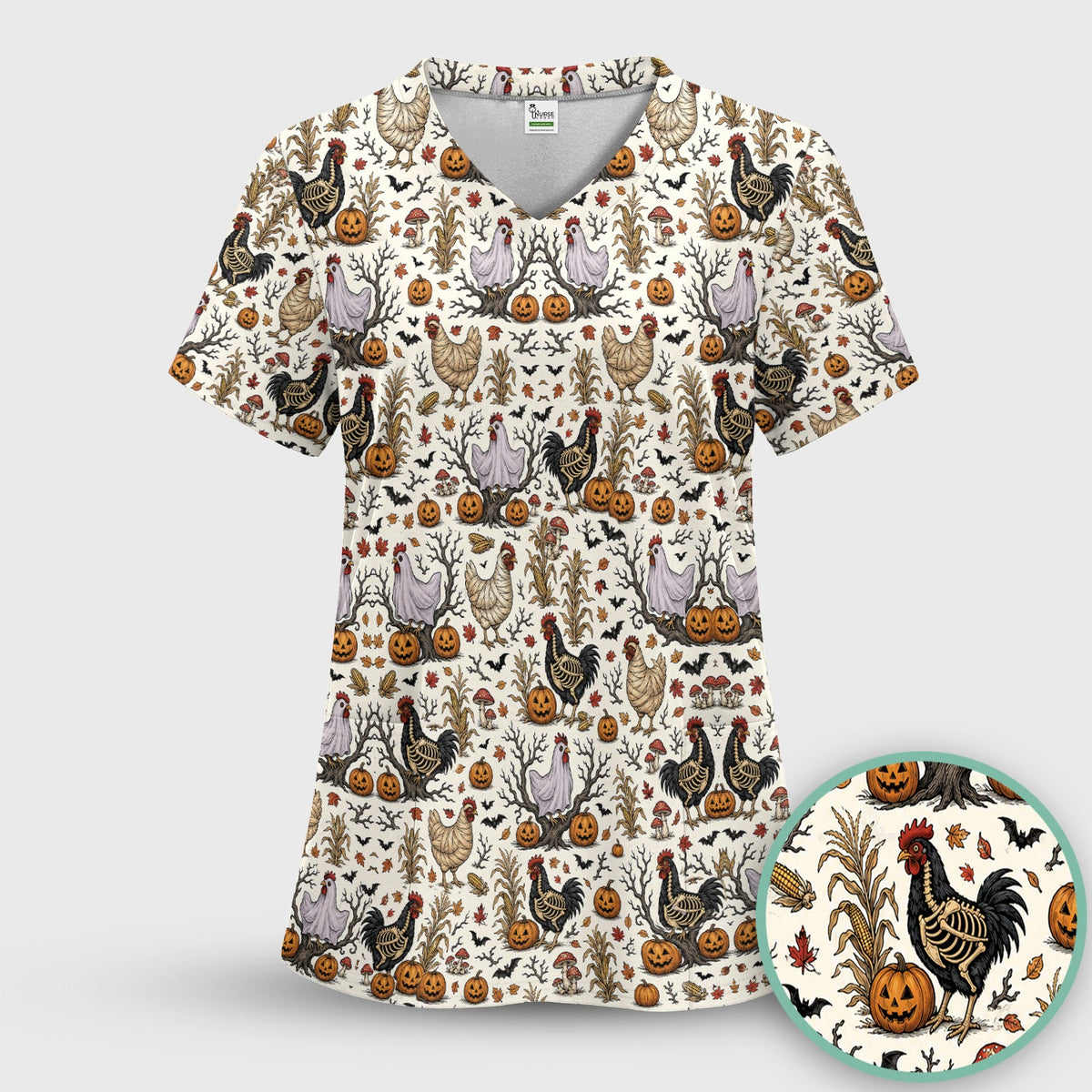 Skeleton Chickens Nurse Scrub Top - Halloween Gift