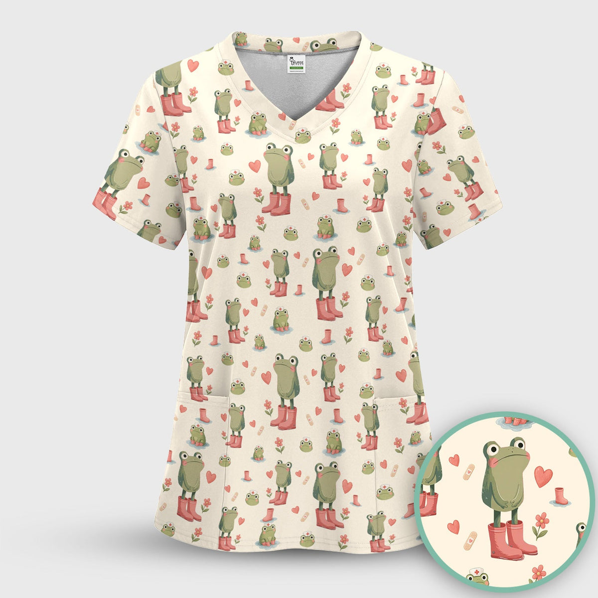 Adorable Frog Boots Heart Nurse Scrub Set