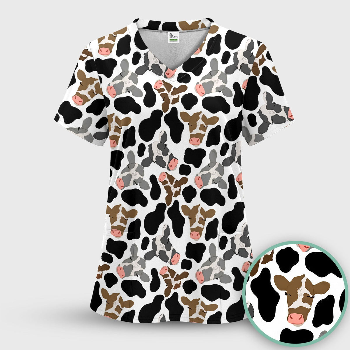Cow Face Black White Nurse Scrub Top