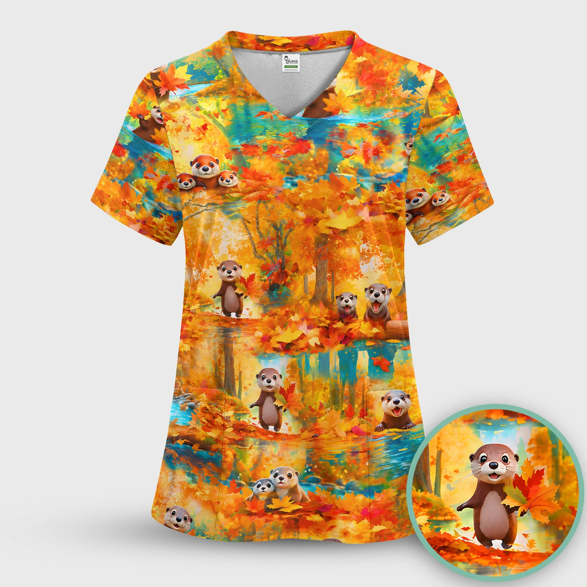 Cute Autumn Otter Leaf Forest Nurse Scrub Top