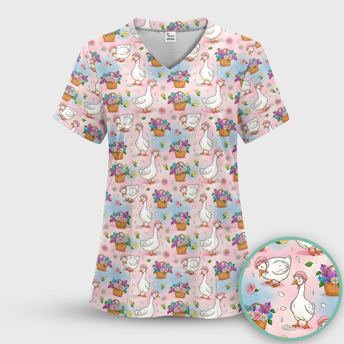 Spring Goose Flower Basket Nurse Scrub Top