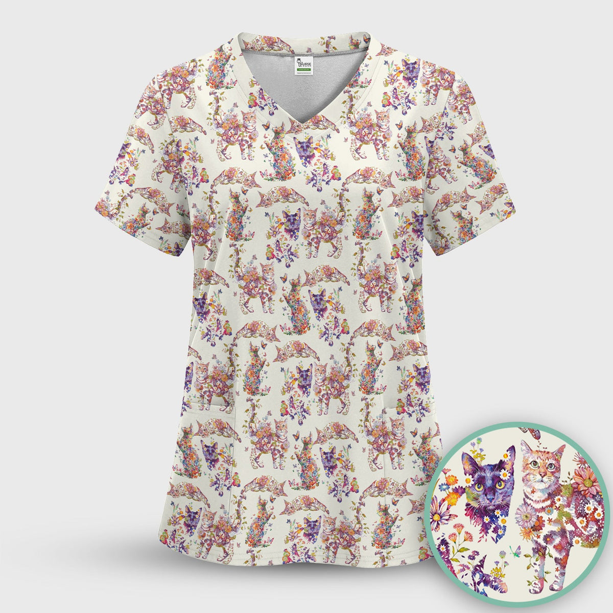 Whimsical Floral Cat Garden Nurse Scrub Set