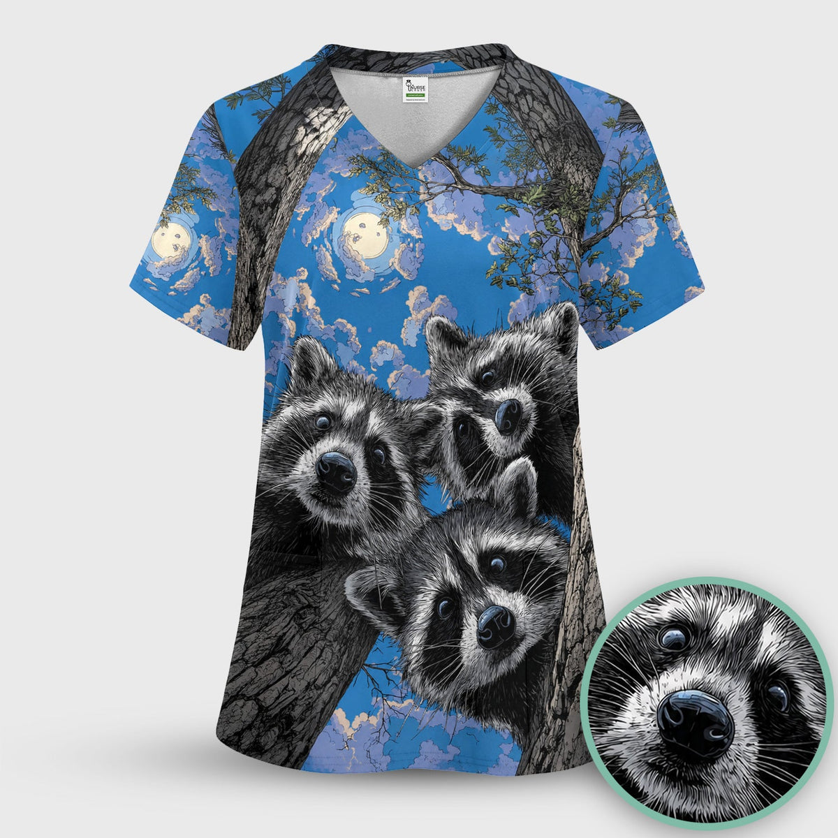 Cute Raccoon Tree Veterinary Pattern Scrub Top, Comfortable Scrubs for Nurses