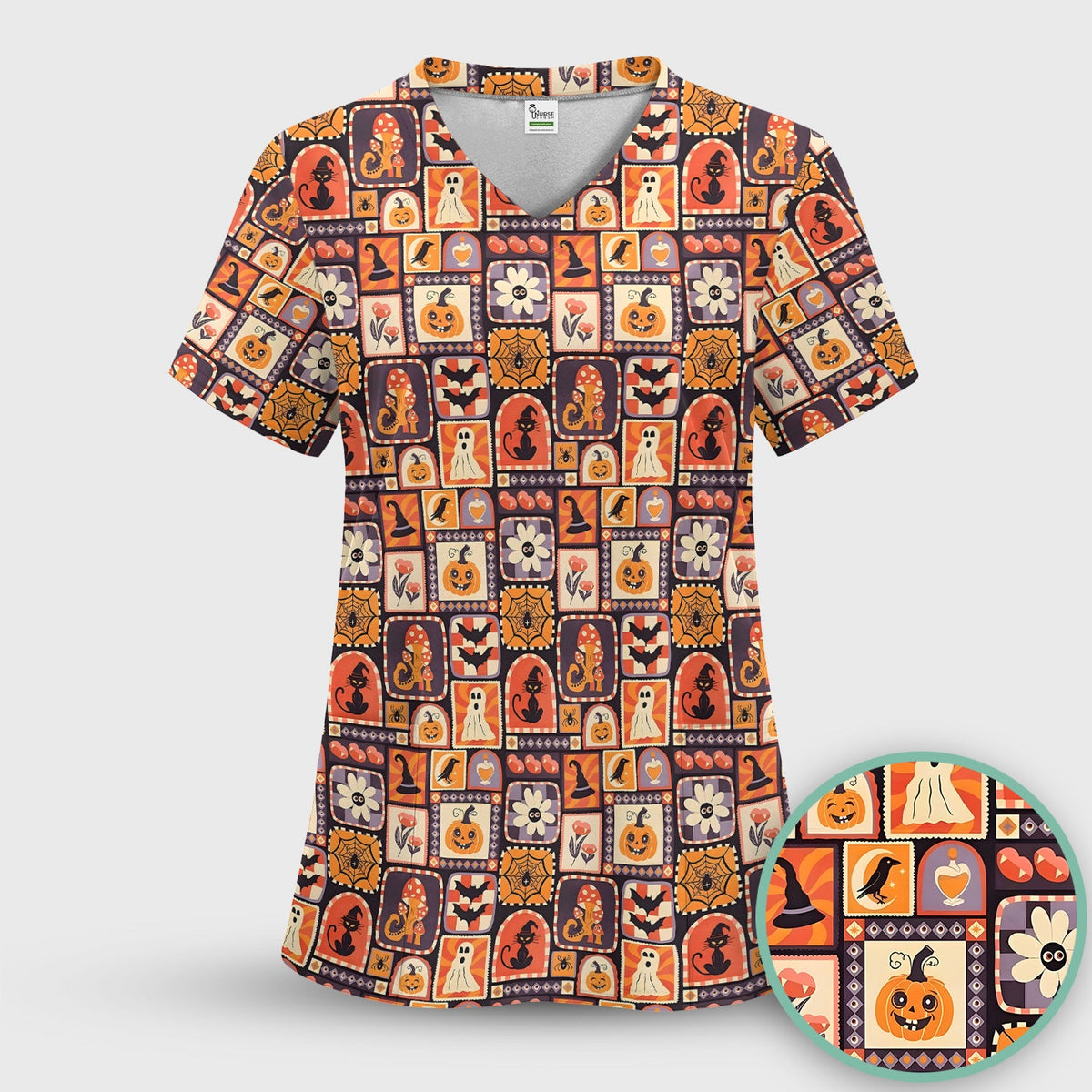 Retro Halloween Patchwork Nurse Scrub Top