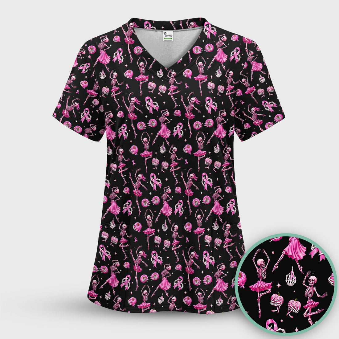 Pink Ribbon Skeleton Ballerina Breast Cancer Nurse Scrub Top