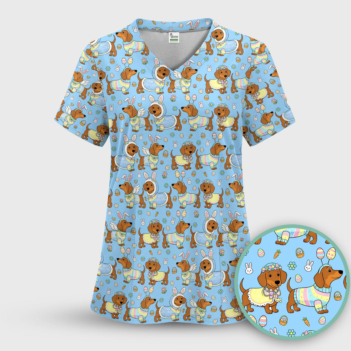 Easter Dachshund Bunny Print Scrub Top, Breathable Fabrics Nursing Uniform