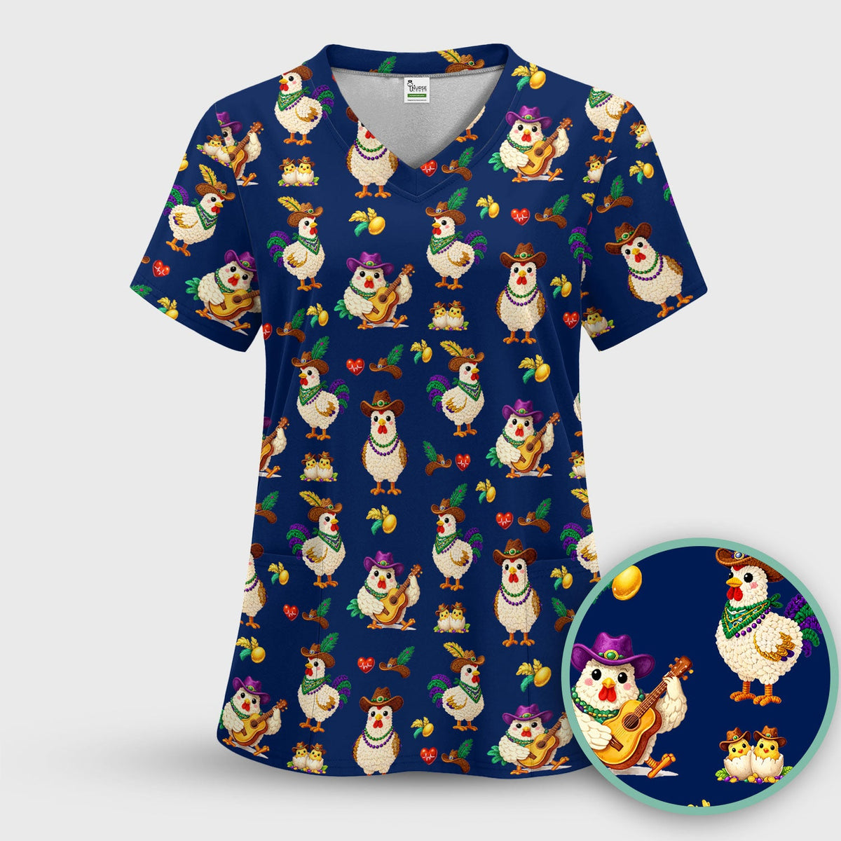 Mardi Gras Rooster Cowboy Nurse Scrub Set