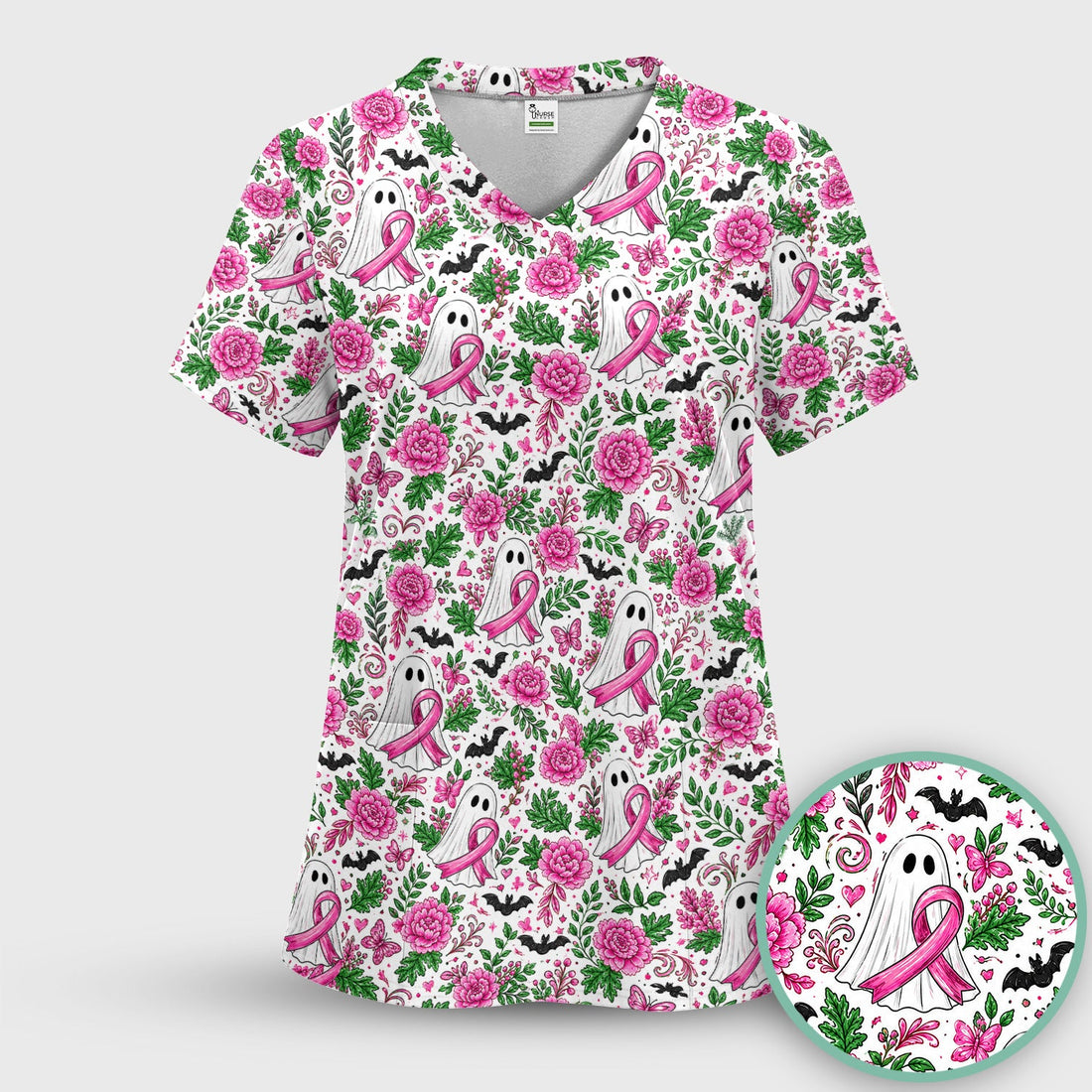 Breast Cancer Awareness Floral Ghost Nurse Scrub Top