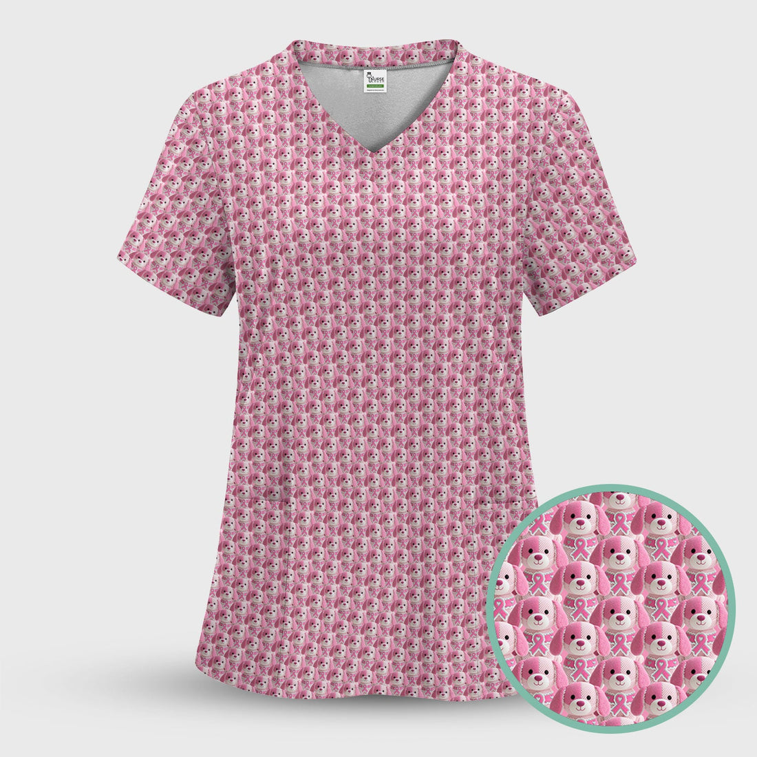 Breast Cancer Puppy Ribbon Nurse Scrub Top
