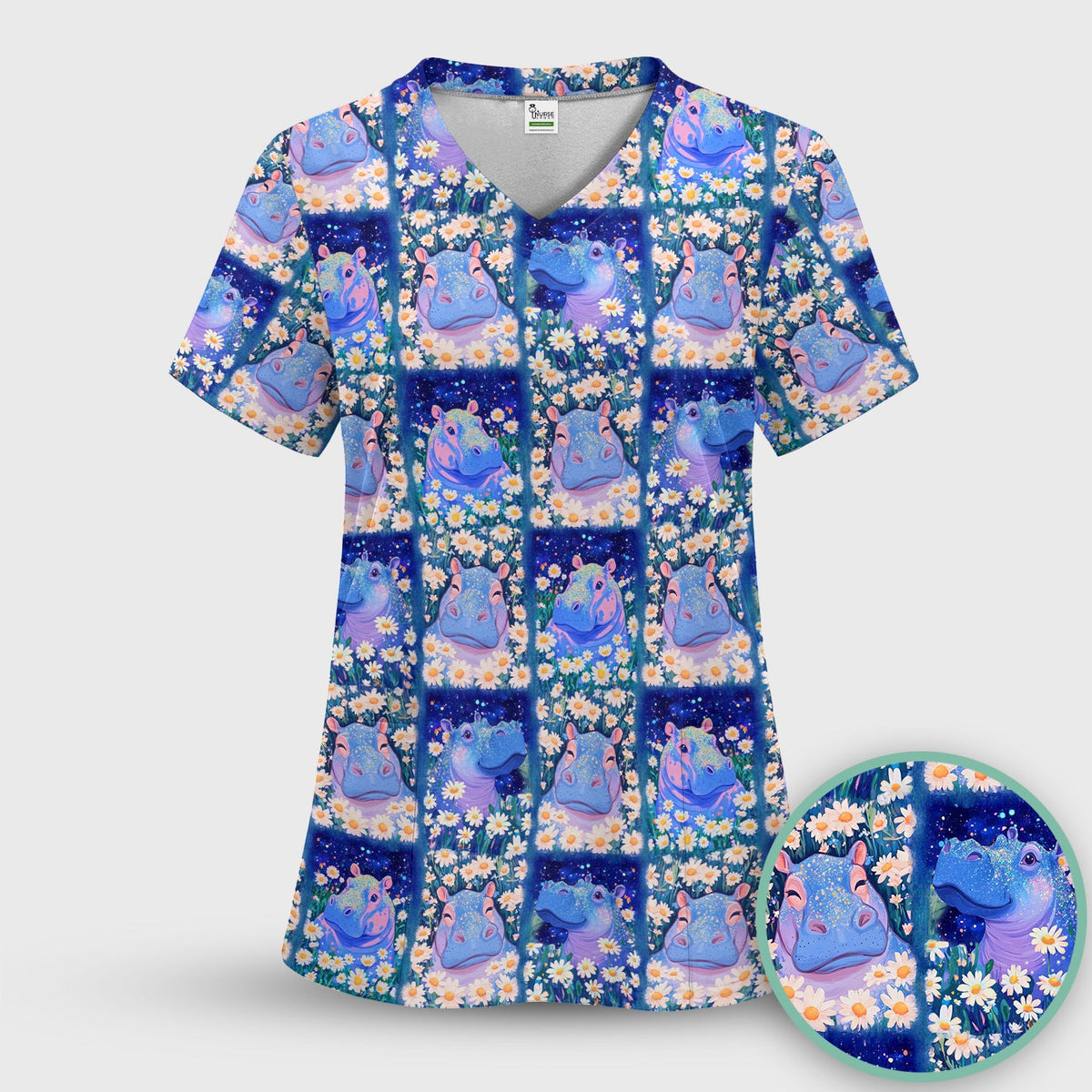 Hippo Daisy Patchwork Nurse Scrub Top